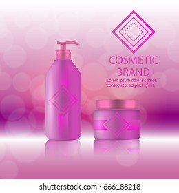 Cosmetics ads template poster of premium liquid soap, shampoo and cream for sale. Vector 3d illustration for design  placard, presentation, banners and cover.