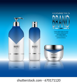 Cosmetics ads template poster of premium liquid soap, foam, shampoo and cream for sale on blue background. Vector 3d illustration for design  placard, presentation, banners and cover.