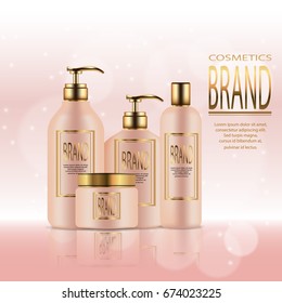 Cosmetics ads template poster of premium liquid soap, foam, shampoo and cream for sale on pink background. Vector 3d illustration for design  placard, presentation, banners and cover.