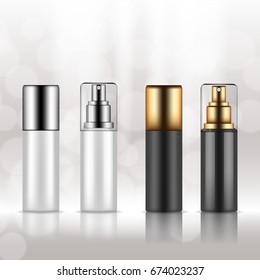 Cosmetics ads template poster of spray bottles with metallic and golden caps. Vector 3d illustration for design  placard, presentation, banners and cover. Realistic packaging.