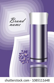Cosmetics advertisement flyer in violet design with abstract background, mirroring bottle and violet flowers group. Luxury cosmetic add