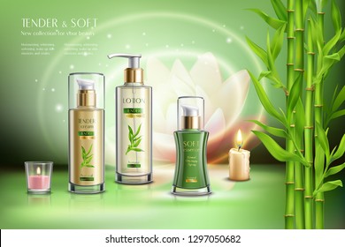 Cosmetics advertising skin softening beauty balm creme moisturizer sprays dispensers aromatic candles bamboo stalks realistic composition vector illustration