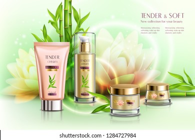 Cosmetics advertising skin softening day night moisturizing cream dispenser tube pots lotus flower realistic composition vector illustration