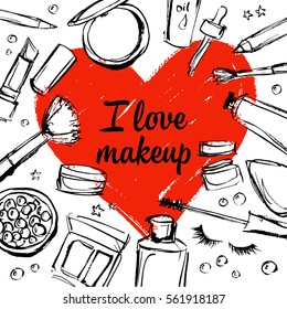 Cosmetics around a red heart. In the center of the place for text.