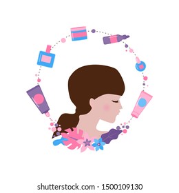 Cosmetics around woman face profile. Vector flat style illustration. Everyday personal care, skincare daily routine. 