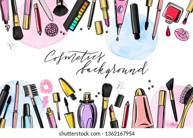 Cosmetics background with copy space for text. Hand drawn decorative cosmetics set