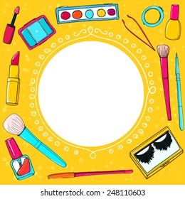 Cosmetics background with make up tools, brushes, mascara, lipstick and pencils. Vector yellow frame for makeup lessons, stores, sales and other design.