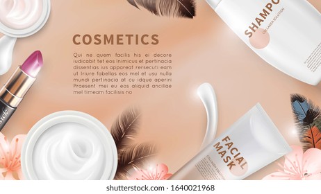 Cosmetics background. Top view cream lipstick bottles and tubes. Realistic cosmetic vector mockups