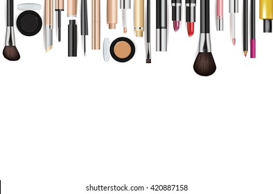 Cosmetics background. Vector border with makeup artist tool accessory, decorative cosmetics and empty copy space illustration. Beauty and fashion wallpaper. Cosmetology and visage concept
