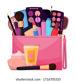 Cosmetics In Bag, Bagful Makeup Masters Pink Color With Set Plaster Shadows, Creams And Lipsticks, Design Flat Vector Illustration. Handbag With Beauty Salon For Elegant Care For Face, Eye, Lips.