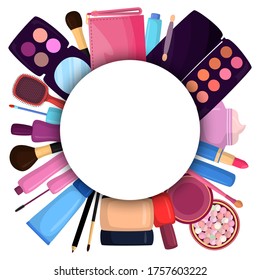 Cosmetics in bag, bagful makeup masters pink color with set plaster shadows, creams and lipsticks, design flat vector illustration. handbag with beauty salon for elegant care for face, eye, lips.