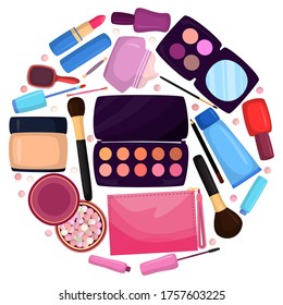 Cosmetics in bag, bagful makeup masters pink color with set plaster shadows, creams and lipsticks, design flat vector illustration. handbag with beauty salon for elegant care for face, eye, lips.