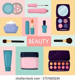 Cosmetics in bag, bagful makeup masters pink color with set plaster shadows, creams and lipsticks, design flat vector illustration. handbag with beauty salon for elegant care for face, eye, lips.