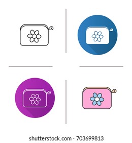 Cosmetics bag icon. Flat design, linear and color styles. Purse with flower. Isolated vector illustrations