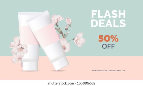 Cosmetics banner mockup template design, cream tubes decorated with sakura flowers on blue and pink