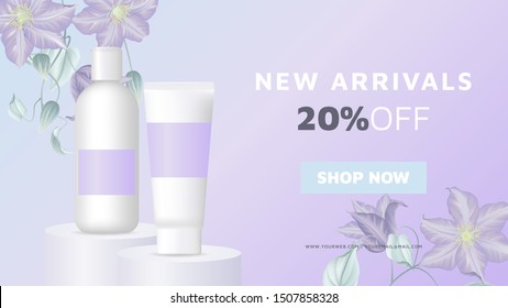 Cosmetics banner mockup template design, shampoo and conditioner bottles decorated with clematis flowers, purple tone