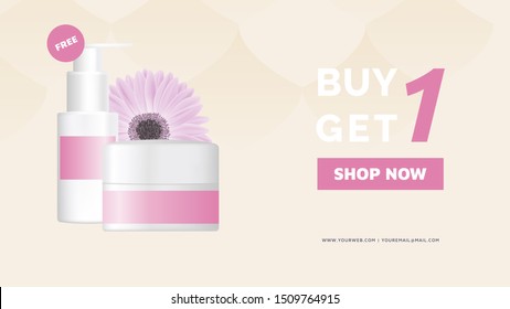 Cosmetics banner mockup template design, lotion bottle and cream jar decorated with gerbera flowers on brown background