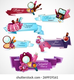 Cosmetics banner set with make-up manicure and body care products isolated vector illustration