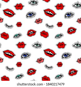 Cosmetics and beautician procedure of make up, kissing lips and eyes seamless pattern. Glamour and fashion decorative print, presentation of mascara. Stickers or patches, vector in flat style