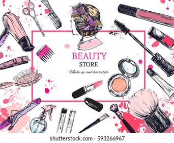 Cosmetics and beauty background with make up artist and hairdressing objects: lipstick, cream, brush. With place for your text .Template Vector.