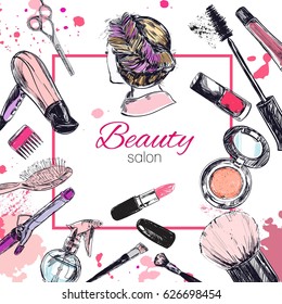 Cosmetics and beauty background with make up artist and hairdressing objects: lipstick, cream, brush. With place for your text .Template Vector.