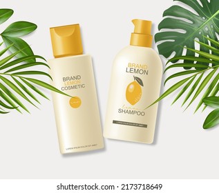 Cosmetics beauty banner, skin care lemon cosmetics, realistic package mockup and tropical background, treatment essence, beauty cosmetics, yellow scene vector banner