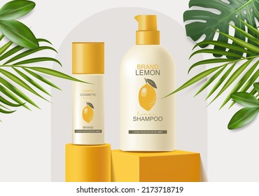 Cosmetics Beauty Banner, Skin Care Lemon Cosmetics, Realistic Package Mockup And Tropical Background, Treatment Essence, Beauty Cosmetics, Yellow Scene Vector Banner