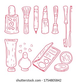 Cosmetics and beauty care doodles with sketching style,  Trendy and lovely Hand drawn icons set 