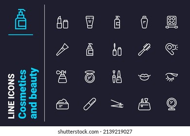 Cosmetics and beauty components icons set vector illustration. Beauty products for facial art line icon. Makeup and self care concept