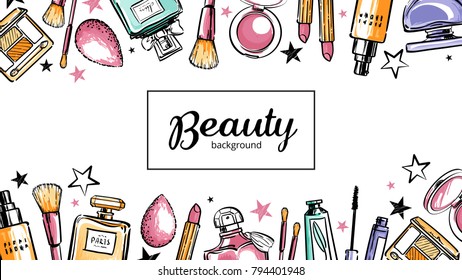 Cosmetics beauty elements, black outlines, pastel colors, isolated on white background. Poster, card, flyer template, for social media or websites. Hand drawn fashion illustration with cosmetic.