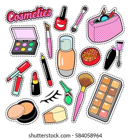 Cosmetics Beauty Fashion Makeup Elements With Lipstick And Mascara For Stickers, Badges, Patches. Vector Doodle