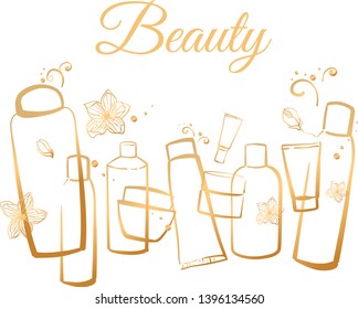 Cosmetics, beauty. Gold jars, bottles and containers series of natural cosmetics for face, body, hands, hair on white background. Template design for flyer, catalog, banner for printing, web. - Vector