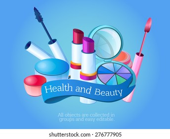 Cosmetics, beauty, health, makeup, composition, set, illustration, collected