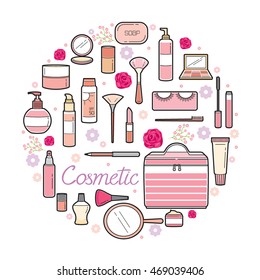 Cosmetics And Beauty Icons Set, Accessories, Equipment, Makeup, Shopping, Outline