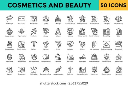 Cosmetics and Beauty icons set with eyebrow gel, false lashes, beauty sleep, spa day, massage, facial treatment, makeup remover, acne treatment, anti aging, organic beauty icon. Simple line vector 