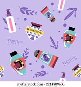 Cosmetics and beauty industry products for women. Lotions and perfumes creams for skin, gels and conditioners for hair care. Seamless pattern, wallpaper or background print. Vector in flat style