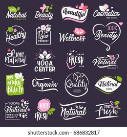 Cosmetics and beauty labels and badges set. Vector illustrations for natural cosmetics, healthcare, organic products, spa, wellness, beauty and healthy life, body and skin care and makeup.