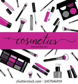 cosmetics beauty make up ,make up brush lettering on pink art with cosmetics collection, vector