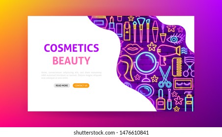 Cosmetics Beauty Neon Landing Page. Vector Illustration of Makeup Promotion.