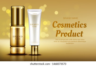 Cosmetics beauty product bottle mockup banner on gold defocused background with bokeh. Skin care serum and cosmetic cream advertising promo template for magazine. Realistic vector ad banner