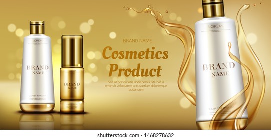 Cosmetics Beauty Product Bottles Mockup Banner On Gold Background With Liquid Droplets Splash. Skin, Hair Or Body Care Cosmetic Advertising Promo Template For Magazine. Realistic 3d Vector Ad Banner