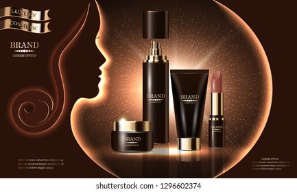 Cosmetics beauty product, premium body spray cream shampoo lipstick for skin care, ad template for design poster, cosmetic presentation, banners mockup, backgrounds, vector illustration.