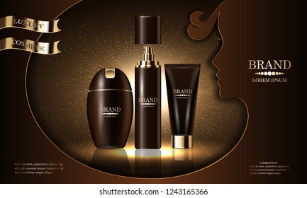 Cosmetics beauty product series, premium body spray cream shampoo for skin care, template for design poster, cosmetic presentation, banners mockup, backgrounds, vector illustration.