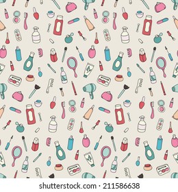Cosmetics and beauty products icons. Vintage seamless patterns with cosmetics elements. Makeup. Vector illustration. Beautiful background.