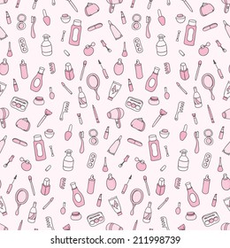 Cosmetics and beauty products icons. Vintage seamless patterns with cosmetics elements. Makeup. Vector illustration. Beautiful background.