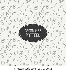 Cosmetics And Beauty Products Icons. Vintage Seamless Patterns With Cosmetics Elements. Hand Drawn Doodles. Stylish Graphic Texture For Your Design. Beautiful Background. Vector Illustration. 