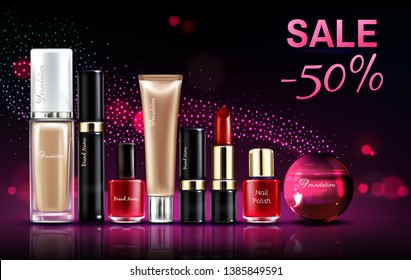 Cosmetics beauty products for make up sale banner with glowing neon background and pink sparkles. Discount off promo advertising template for glamour cosmetic brand ad Realistic 3d vector illustration