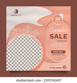 COSMETICS BEAUTY SALE social media post and banner promotion. Square template vector design to promote skin care, makeup, hair treatment, Healthy Skin Clinic, medical spa, something natural, etc