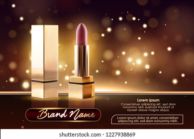 Cosmetics beauty series, ads of premium female lipstick for skin care. Template for design poster, placard, presentation, banners, cover, vector illustration