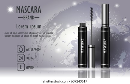 Cosmetics beauty series, ads of premium mascara on gray  background. Template for design posters, placard, logo, presentation, banners, covers, vector illustration. 